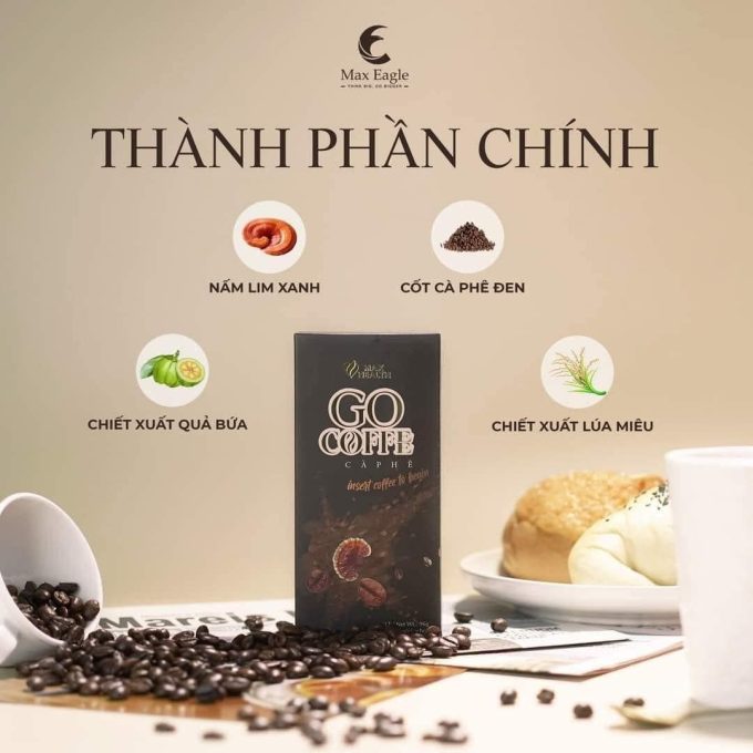 Thành phần gồm: cốt cafe đen, nấm lim xanh, quả bứa, chiết xuất lúa miêu,...