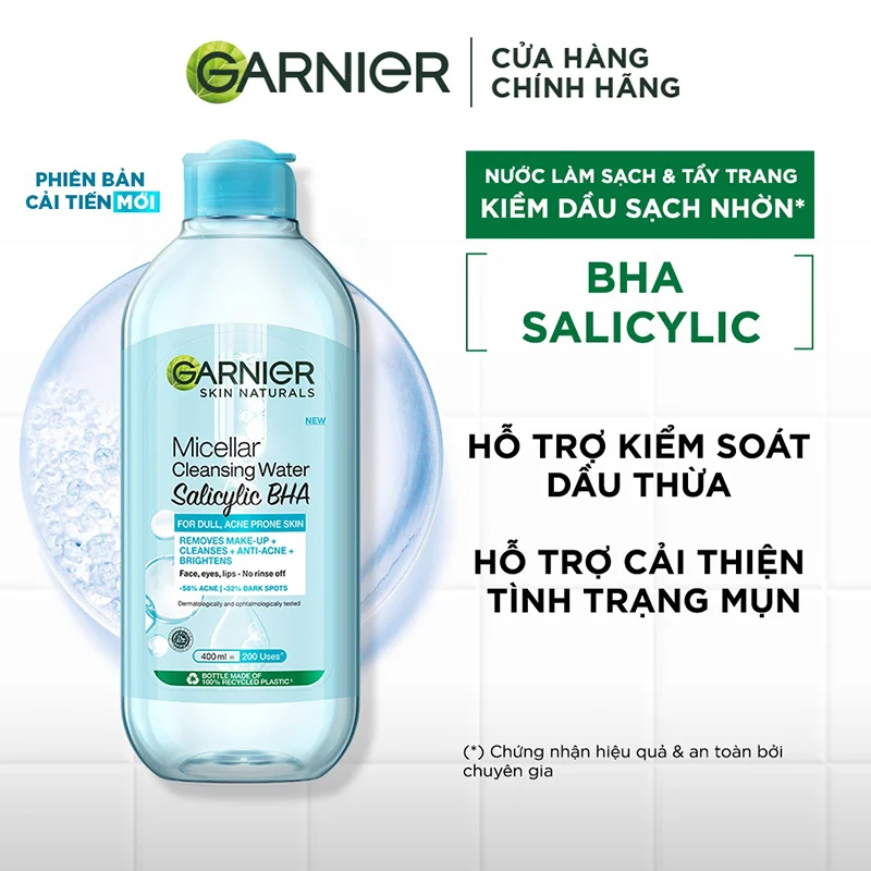 Nước tẩy trang Garnier cho da dầu mụn Salicylic BHA Micellar