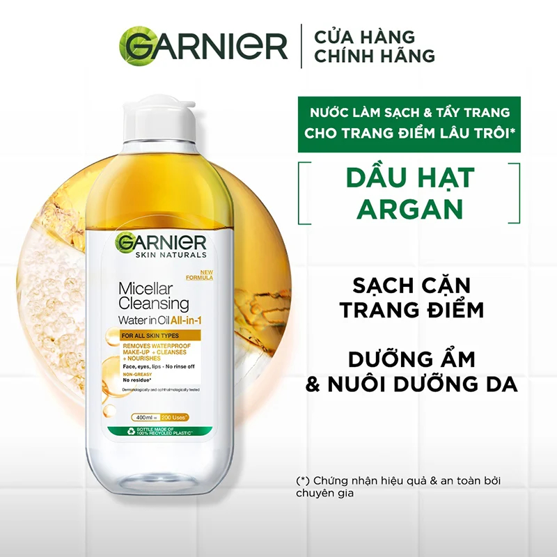 Nước tẩy trang Garnier cho da khô và trang điểm lâu trôi - Garnier Micellar Water Oil-Infused